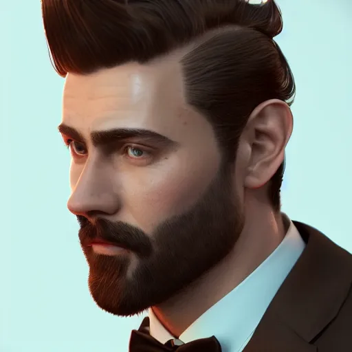 Image similar to a highly detailed portrait of a man, with a brown short beard and hair, blue eyes, wearing a tuxedo, artstation, deviantart, professional, octane render