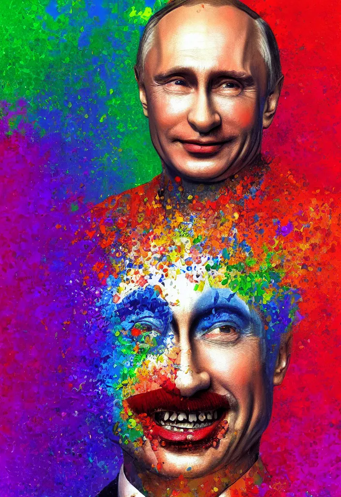 Image similar to a highly detailed portrait of Vladimir Putin as a colorful clown, gay pride flag background, intricate, digital painting, old english, particles floating, whimsical background by marc simonetti, John Singer Sargent style, masterpiece, stunning