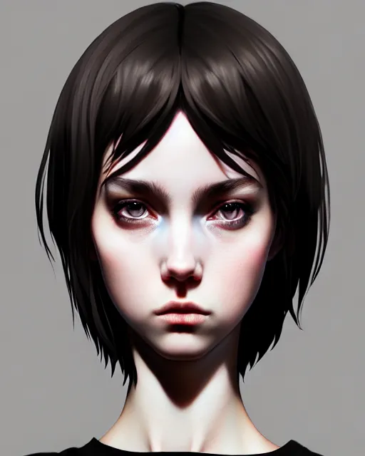 Image similar to full very close up neck shot of a beautiful loner girl, in tshirt and no makeup, demented, irish, by saruei and guweiz and ilya kuvshinov and george miller, digital art, highly detailed, intricate, sharp focus, trending on artstation hq, deviantart, pinterest, unreal engine 5, 4 k uhd image