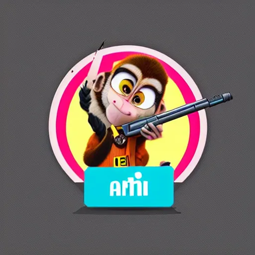 Image similar to “ logo of a monkey in the style of zootopia holding laser gun, with a black background, digital art, award winning, trending on art station, retro style ”