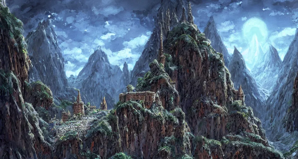 Image similar to Masterfully painted mspaint art piece of middle-earth's 'Mines of Moria' painted by Makoto Shinkai and Studio Ghibli. View from underground within ancient dwarven mining equipment and architecture. Amazing beautiful incredible wow awe-inspiring fantastic masterpiece gorgeous fascinating glorious great.