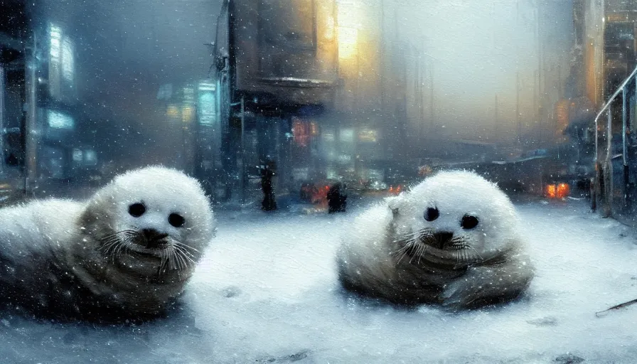 Image similar to highly detailed painting of cute furry white baby seals cuddled up in a cardboard box in a snowy dystopian cyberpunk street by william turner, by greg rutkowski, by william constable, thick brush strokes and visible paint layers, 4 k resolution, retrowave colour scheme