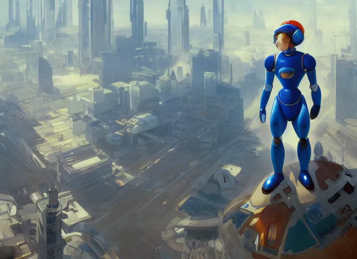 Prompt: megaman x still robotic man look at the cityscape from roof perfect face fine realistic face pretty face neon puffy jacket blue futuristic sci - fi elegant by denis villeneuve tom anders zorn hans dragan bibin thoma greg rutkowski ismail inceoglu illustrated sand storm alphonse mucha