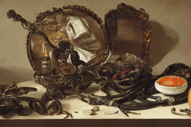 Image similar to a vanitas painting by clara peeters and pieter claesz, depicting an NVIDIA RTX GPU , graphics card, cables, wires