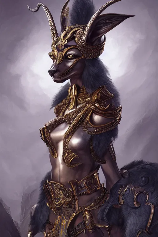 Image similar to a portrait of a anthropomorphic an ancient anubis goddess, D&D, fantasy, intricate, highly detailed, digital painting, artstation, concept art, smooth, sharp focus, illustration, art by artgerm