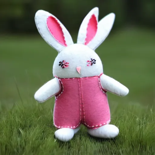 Image similar to a cute elegant felt plush doll of a rabbit wearing overalls