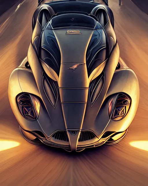 Image similar to Art nouveau Ferarri car, fantasy, intricate motion blur designs, elegant, highly detailed, sharp focus, art by Artgerm and Greg Rutkowski and WLOP