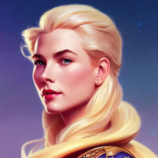 Image similar to Blonde Grace Kelly as She-Ra, western, D&D, fantasy, intricate, elegant, highly detailed, digital painting, artstation, concept art, matte, sharp focus, illustration, art by Artgerm and Greg Rutkowski and Alphonse Mucha