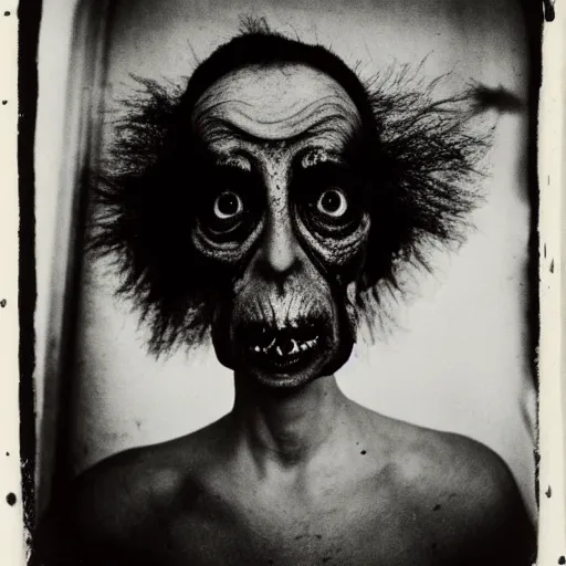 Image similar to shot of a complex cronenbergian disgusting and montruous creature in louisiana, southern gothic, photograph by diane arbus, bayou