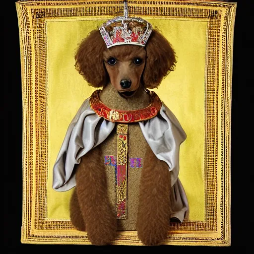 Prompt: a poodle dressed as an italian queen, italo - byzantine, 1 0 0 0 ce