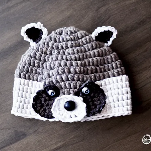 Image similar to a crocheted raccoon hat, very detailed animal hat, cute details, product photo, promotional image, sharp focus, studio lighting