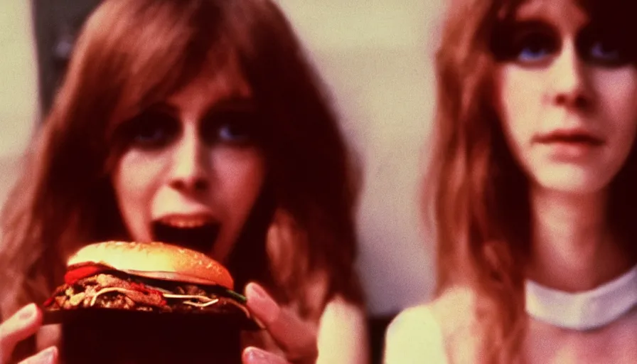 Image similar to 7 0 s film still from a horror movie starring a person with anorexia holding a burger, kodachrome, cinecolor, cinestill, photorealism, cinematic, film grain, film texture, vhs recording