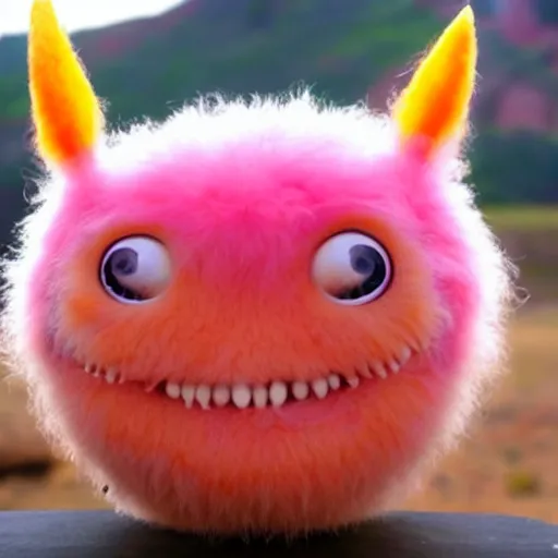 Image similar to an alien with a face that looks like a fuzzy peach the peach is fuzzy pink warm and ripe the alien has horns and a mean smile, 4k, highly detailed, high quality, amazing, high particle effects, glowing, majestic, soft lighting