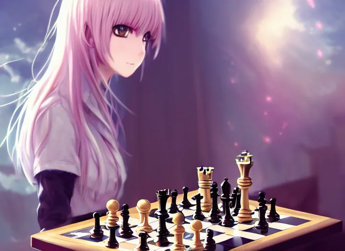 Prompt: an anime girl playing chess, with gold eyes, straight hair, sky blue hair, long bangs, high collar, concept art, award winning photography, digital painting, cinematic, by wlop, anime key visual, wlop, 8 k, by ross tran, tom bagshaw, andy warhol