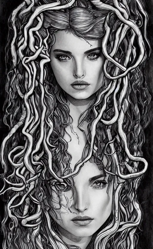 Image similar to ana de armas as medusa from greek mythology, ink drawing, hyperdetailed, 8 k realistic, trending on artstation, by alphonso dunn