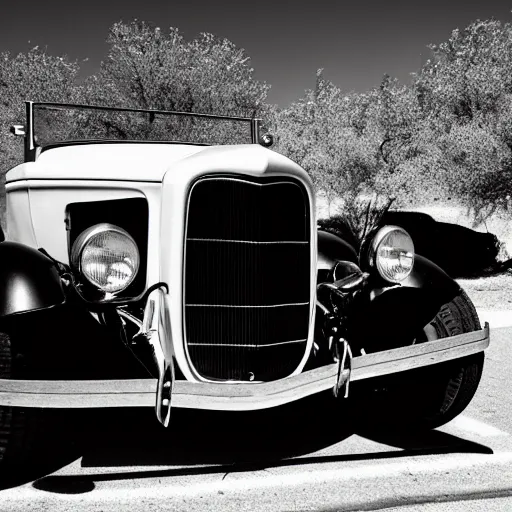 Prompt: a 1 9 3 2 ford roadster on route 6 6. black and white photograph 8 k.