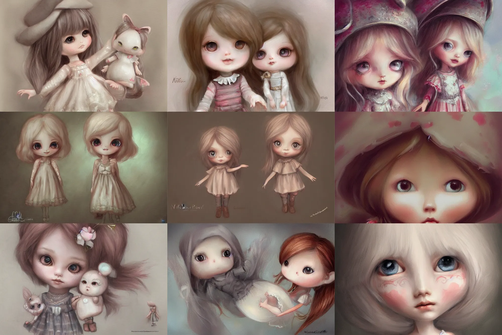 Prompt: cute pocelain doll, Nicoletta Ceccoli style, highly detailed, digital painting, artstation, concept art, smooth, sharp focus, illustration,