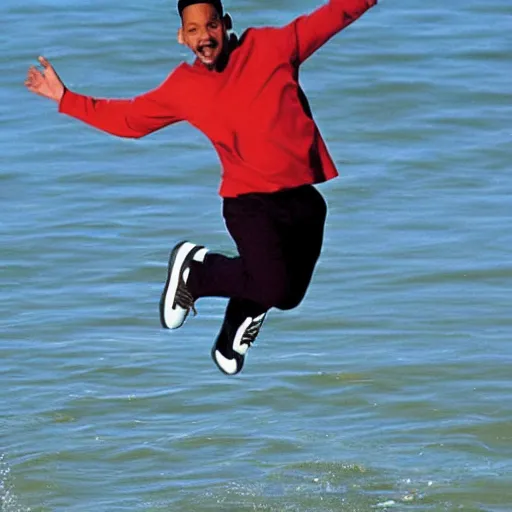 Prompt: will smith skipping over a river