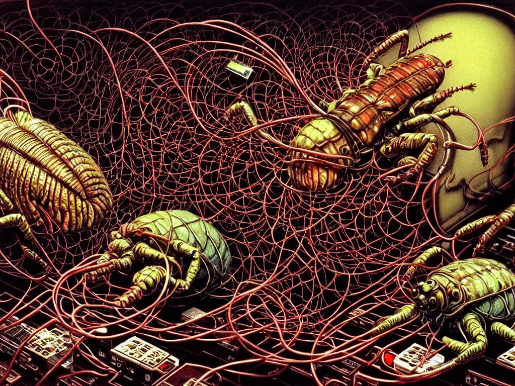 Prompt: realistic detailed image of a cockroaches eating ahuman brain connected with wires and cords to a computer from 90s in an old dirty soviet apartment by Ayami Kojima, Amano, Karol Bak, Greg Hildebrandt, and Mark Brooks, Neo-Gothic, gothic, rich deep colors. Beksinski painting, from a movie by David Cronenberg. part by Adrian Ghenie and Gerhard Richter. art by Takato Yamamoto. masterpiece. realistic detailed image