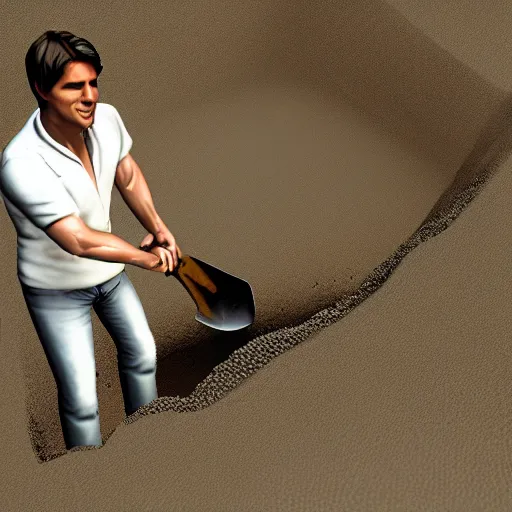 Prompt: tom cruise digging a deep hole with a shovel, videogame graphics, untextured