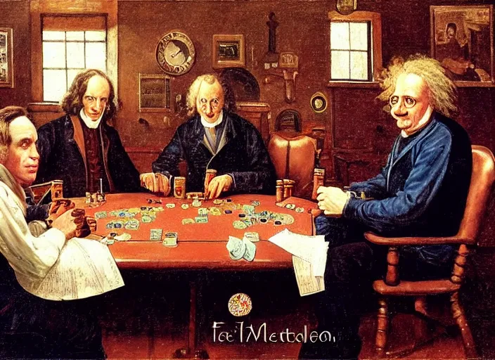 Image similar to family photo of isaac newton and stephen hawkins an einstein playing poker in an old west saloon in the style of norman rockwell