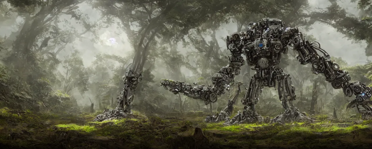 Image similar to ancient biomechanical mecha embedded in the ground, biomechanical aztec landscape in forest, concept art, 4 k, matte painting