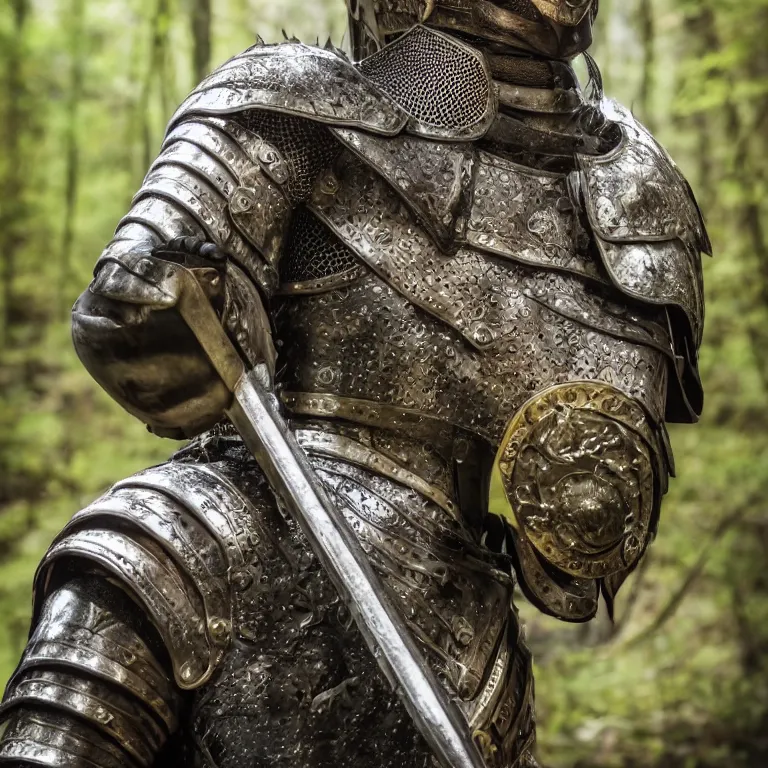 Image similar to portrait photo of an armoured male warrior, in a fantasy forest, medieval style, highly detailed, smooth, sharp focus, 8 k. lifelike. soft light. nikon d 8 5 0