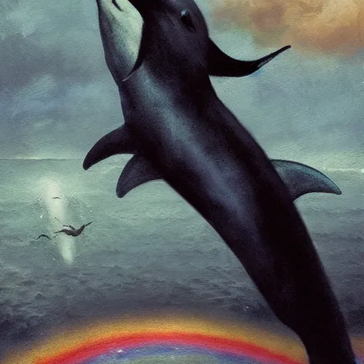 Prompt: a hyper realistic painting of the grim reaper riding a dolphin jumping over a rainbow, death, black cloak, by greg rutkowski and santiago caruso,