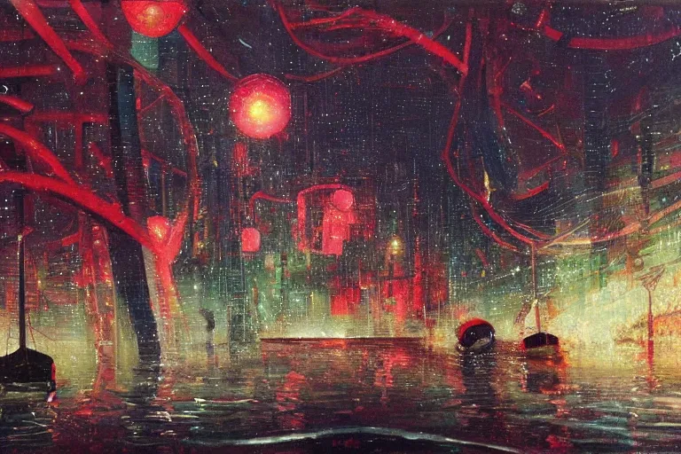 Image similar to river boats speeding between spherical tree houses on flooded streets of new york painting, red and green palette, night lights, starry sky, by ( ( ( ( ( ( ( ( ( h. r. giger ) ) ) ) ) ) ) ) ) and paul lehr