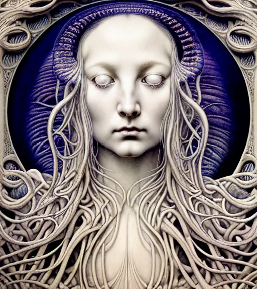 Image similar to detailed realistic porcelain beautiful moon goddess face portrait by jean delville, gustave dore, iris van herpen and marco mazzoni, art forms of nature by ernst haeckel, art nouveau, symbolist, visionary, gothic, neo - gothic, pre - raphaelite, fractal lace, intricate alien botanicals, ai biodiversity, surreality, hyperdetailed ultrasharp octane render