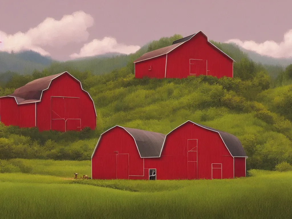 Prompt: An isolated red barn in a lush valley at noon. Simon Stalenhag, highly detailed.
