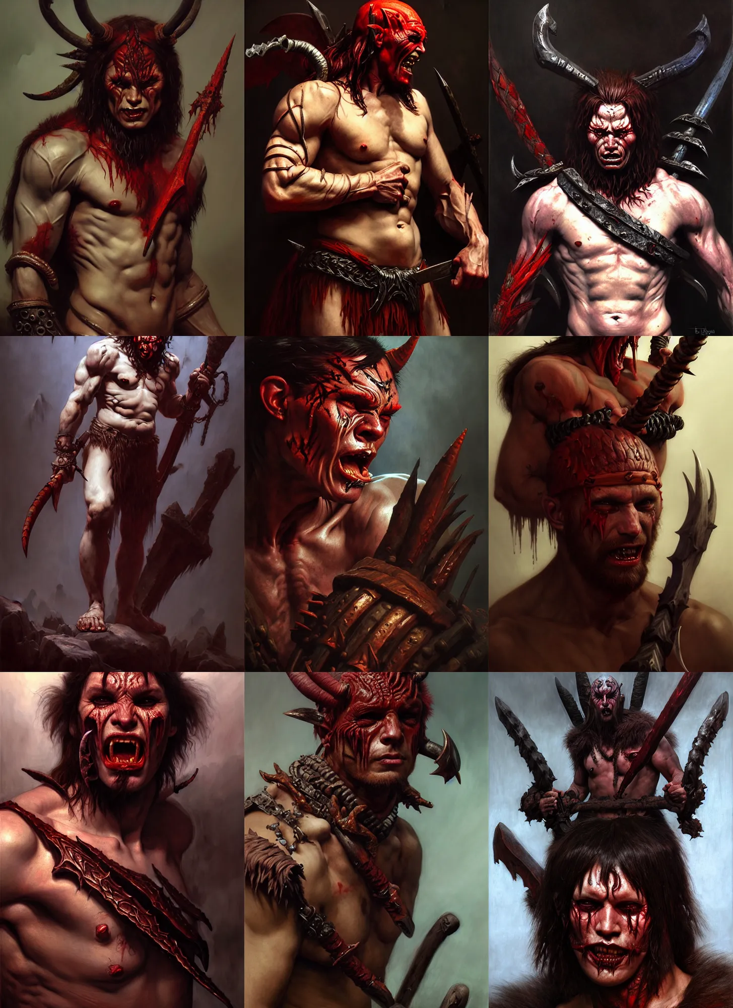 Prompt: barbarian devil man crybaby, intricate skin pattern texture, savage, full body, hyper realistic, extremely detailed, dnd character art portrait, dark fantasy art, intricate fantasy painting, dramatic lighting, vivid colors, deviant art, artstation, by edgar maxence and caravaggio and michael whelan and delacroix.