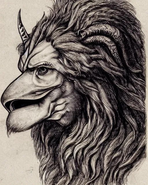 Prompt: a creature with the body and eyes of a man, with the beak of an eagle, the mane of a lion, and the horns of an ox. drawn by da vinci