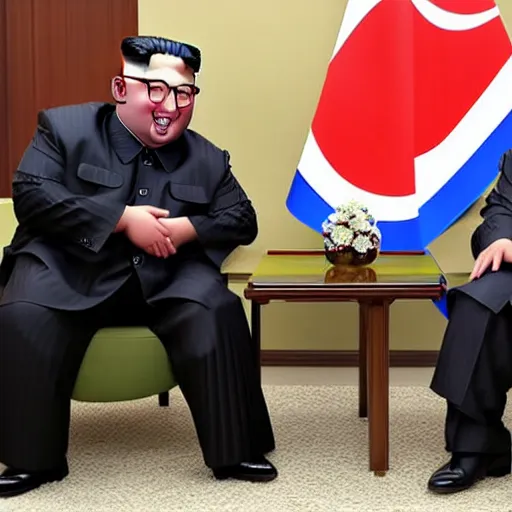 Prompt: photorealistic image of a meeting between kim jong un and paul pot