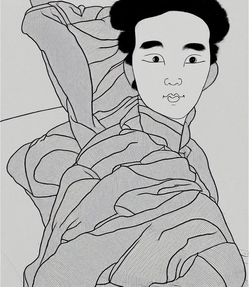 Image similar to detailed line art portrait of 孫 德 明 sunyatsen, inspired by egon schiele. caricatural, minimalist, bold contour lines, musicality, soft twirls curls and curves, confident personality, raw emotion