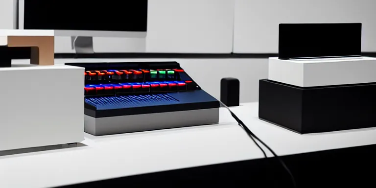 Prompt: dezeen showroom , minimalissimo, archdaily, , teenage engineering moad, mother of all decks, product design concept,product shot of moog melotron synthesizer with ipad gradient screen on top designed by jony ives, dieter rams, 8k, highly detailed photo