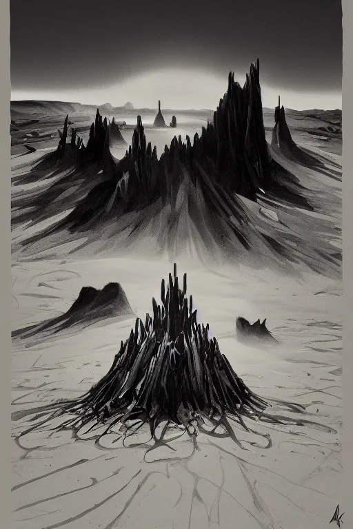 Image similar to the crown of the mesa dunes,in the style of Robert McCall and Liz Danforth,trending on artstation, expensive lighting fish eye,creature concept art,black and white,oil and canvas ,in the silver hour,hyperrealism,