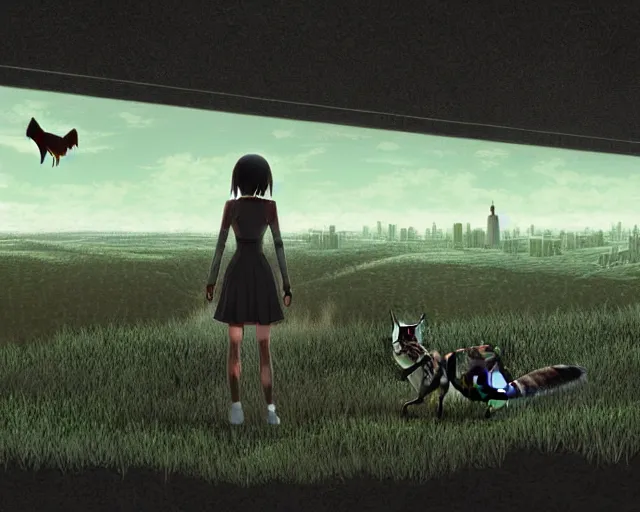 Prompt: in a pastoral setting | a single coyote warns a single innocent black haired girl of quantum apocalyse | intricate | detail | animation cinematic | anime | matte sharp painting | city view in the distance | ultrafine science fiction art | hyperdetailed illustration, pop art