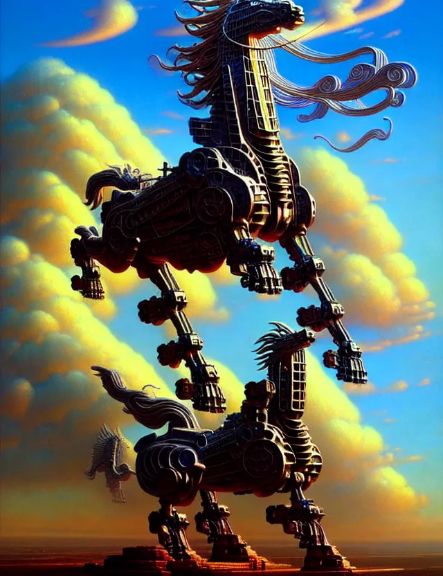 Prompt: a giant statue pegasus mecha, in the clouds, one body, tim hildebrandt, wayne barlowe, bruce pennington, donato giancola, trending on artstation, cinematic composition, beautiful lighting, hyper detailed, 8 k, oil on canvas