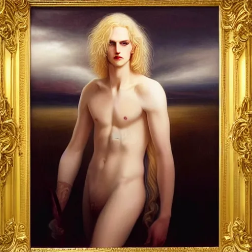 Image similar to Beautiful painting of the pale blond androgynous prince in a sensual pose, johan liebert mixed with alucard, long curly golden blond hair, baroque curls, very very pale white skin, atmospheric lighting, painted, intricate, volumetric lighting, beautiful, rich deep colours masterpiece, golden hour, sharp focus, ultra detailed, in the style of Dan Mumford and Johfra Bosschart, with a crowded futuristic cyberpunk city in the background, astrophotgraphy