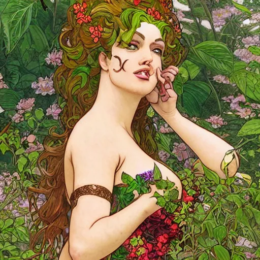 Prompt: a stunning vector portrait of a thicc and voluptuous poison ivy dressed as palutena walking through a flowering garden, greenhouse in the background, intricate, elegant, highly detailed, digital painting, artstation, concept art, ultra sharp focus, illustration, art by jugendstil and greg rutkowski and alphonse mucha