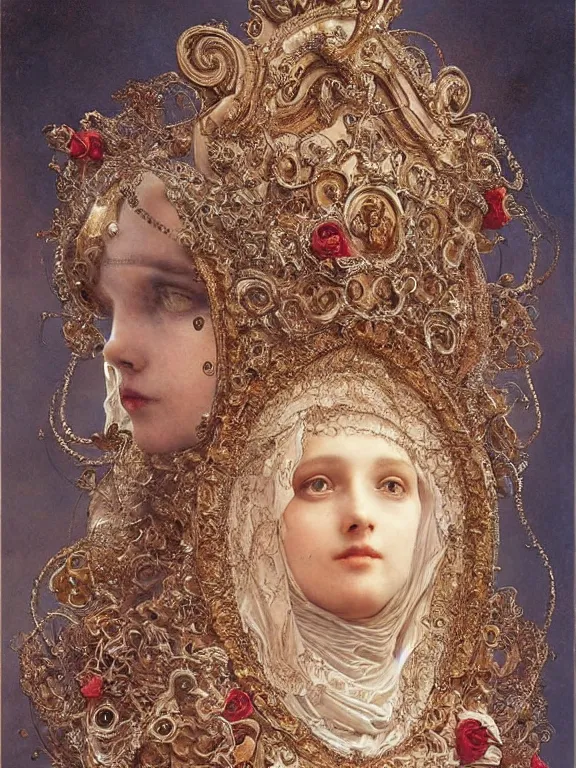 Image similar to a beautiful render of baroque catholic veiled the red queen sculpture with symmetry intricate detailed,crystal-embellished,by Lawrence Alma-Tadema, peter gric,aaron horkey,Billelis,trending on pinterest,hyperreal,jewelry,gold,intricate,maximalist,golden ratio,cinematic lighting