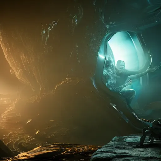 Image similar to a horrified man on a spaceship face to face with an alien from another galaxy, volumetric lighting, 8 k octane beautifully detailed render, post - processing, extremely hyper - detailed, intricate, epic composition, cinematic lighting, masterpiece, trending on artstation, detailed detailed detailed, masterpiece, beautiful cinematic light,