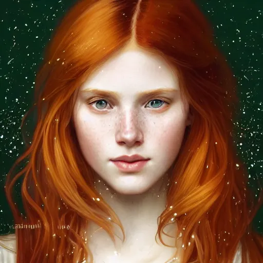 Prompt: portrait of a red haired girl, long hair, green eyes, hint of freckles, beautiful round face, soft amazed smiles, among golden fireflies, highly detailed, deep focus, elegant, digital painting, smooth, sharp focus, golden ratio, illustration, ultra realistic, 8 k, art by artgerm and alphonse mucha