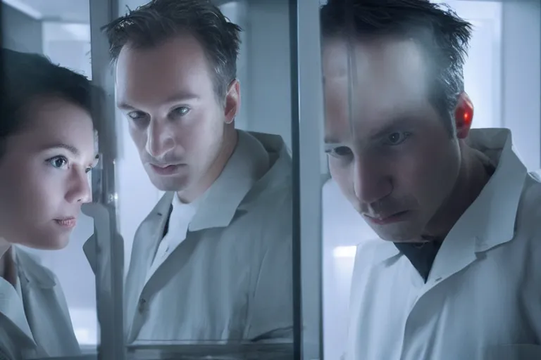 Image similar to movie closeup polar opposites, couple, researchers in a futuristic weapons lab, beautiful skin, Symmetrical faces. Beautiful lighting by Emmanuel Lubezki