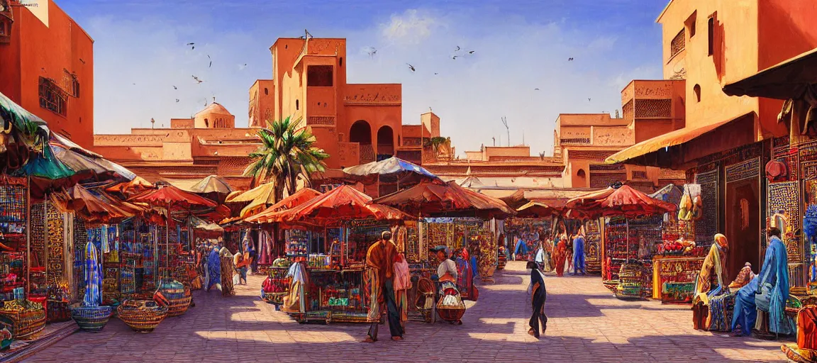 Prompt: hyperrealistic painting of marrakech, mechanical designs, traditional houses and palms, bazar, technological, detailed engineering, vivid color, elegant, meticulous, cinematic, cyberpunk style, highly detailed, realism, intricate, acrylic on canvas, 8 k resolution, concept art, by noriyoshi ohrai, francesco di giorgio martini