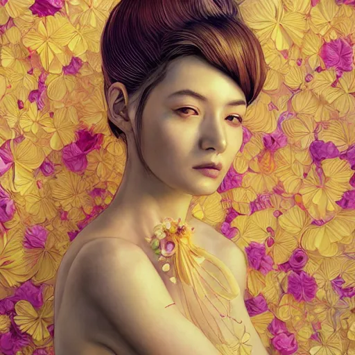 Prompt: the portrait of an absurdly beautiful, graceful, elegant, and sophisticated woman made of bananas and petals, an ultrafine detailed illustration by kim jung gi, irakli nadar, rossdraws, intricate linework, bright colors, final fantasy, behance contest winner, angular, unreal engine 5 highly rendered, global illumination, radiant light, detailed and intricate environment