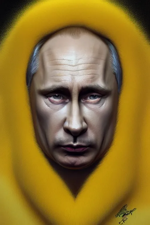 Image similar to vladimir putin as a yellow funny character from the simpsons, realistic portrait, symmetrical, highly detailed, digital painting, artstation, concept art, smooth, sharp focus, illustration, cinematic lighting, art by artgerm and greg rutkowski and alphonse mucha