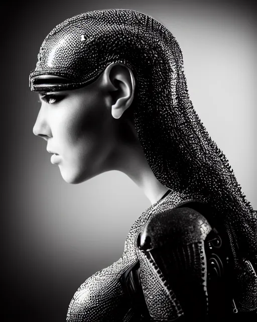 Image similar to a profile portrait, a stunning young woman - crow - cyborg, editorial photography, bw, shot on 7 0 mm, depth of field, f / 2. 8, high contrast, 1 6 k, volumetric lighting, shiny, insanely detailed and intricate, hypermaximalist, elegant, ornate, hyper realistic, super detailed