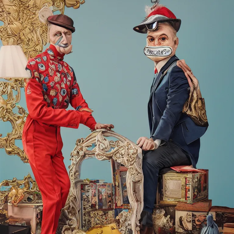 Prompt: vogue photoshoot octane render portrait by wayne barlow and carlo crivelli and glenn fabry, focus on an eccentric man in a bright colorful pastel wes anderson uniform and a vintage mask inside a high - end exotic vintage boutique hotel lounge, very short depth of field, bokeh